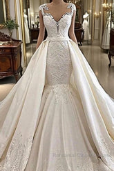 Cap sleeves White Mermaid 2 in 1 Wedding Dress with Overskirt